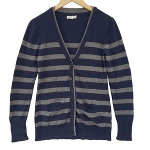 Aeropostale Navy Blue Grey Striped Button Up‎ V Neck Cardigan Sweater Preppy